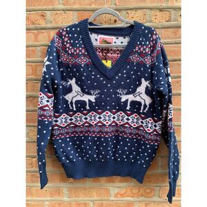 Tispy Elves Women's Reindeer Climax Ugly Christmas Sweater V-Neck NWOT Large